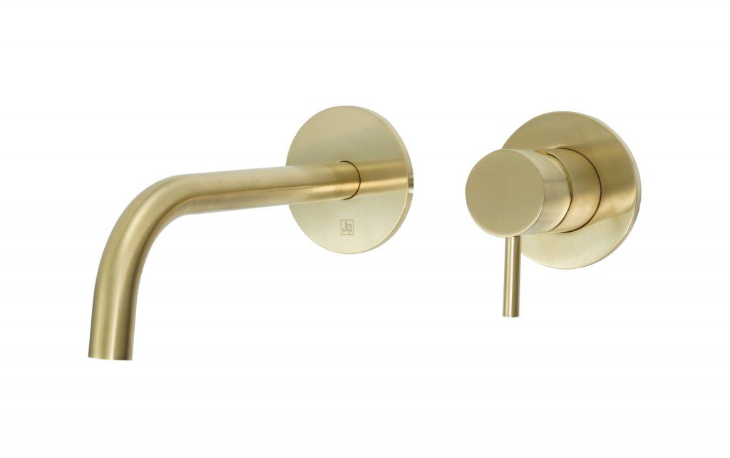 Vos Single Lever Wall Mounted Basin Mixer With 150mm Slim Spout - Brushed Brass