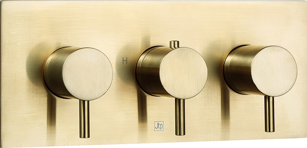 Vos 3 Outlet Thermostatic Concealed Valve, Horizontal With Designer Handle - Brushed Brass