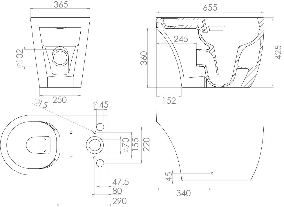 UNI close coupled open back WC pan - rimless - Image 3
